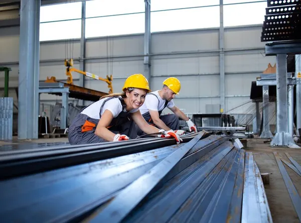 Doi muncitori cu căști care aliniază profile de oțel într-o hală de producție